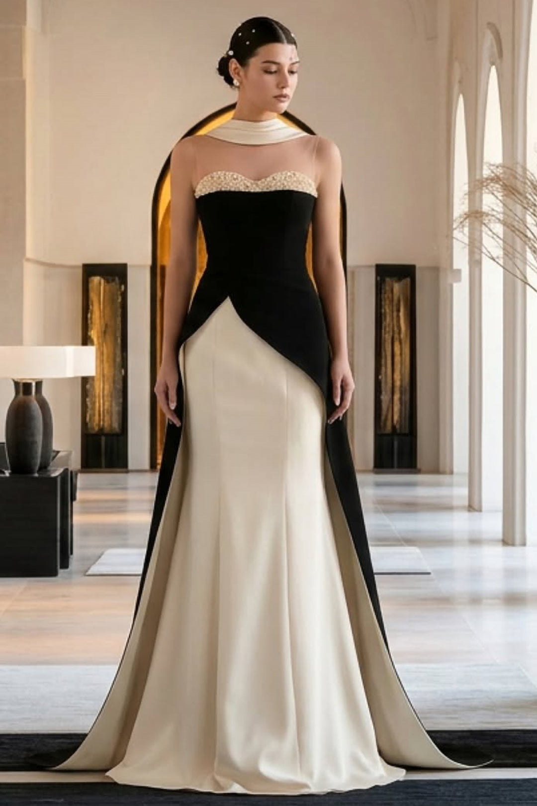 Silk Taffeta Dress with Pearl-Crystal Neckline