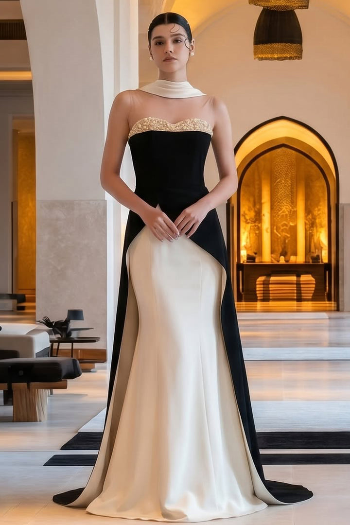 Silk Taffeta Dress with Pearl-Crystal Neckline
