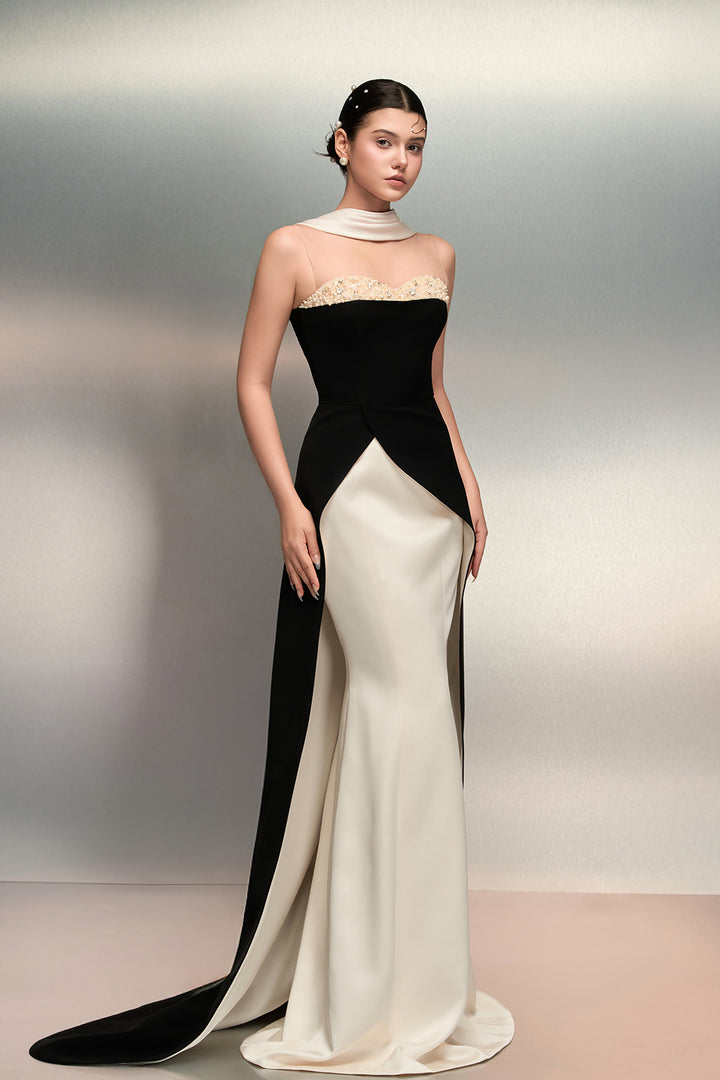 Silk Taffeta Dress with Pearl-Crystal Neckline