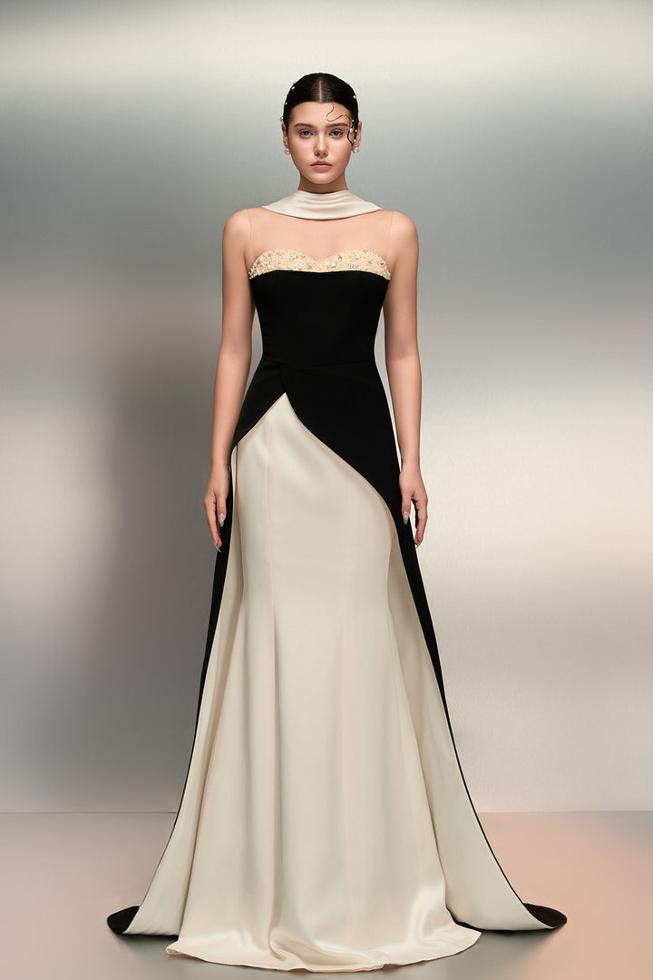 Silk Taffeta Dress with Pearl-Crystal Neckline Black an Ivory / US 12