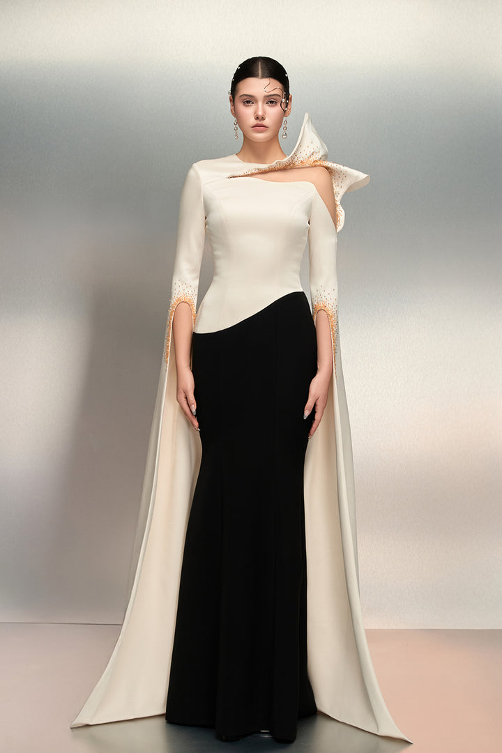 Crystal-Trimmed with Cape Crepe Dress