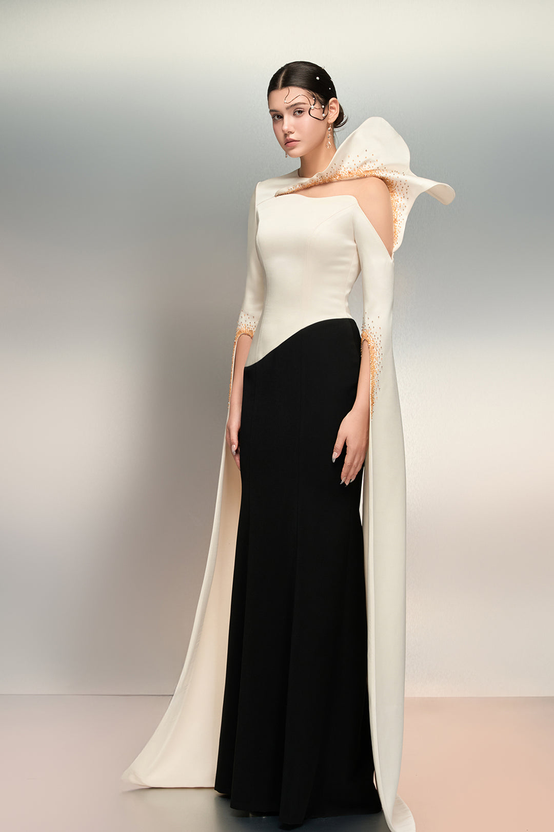 Crystal-Trimmed with Cape Crepe Dress