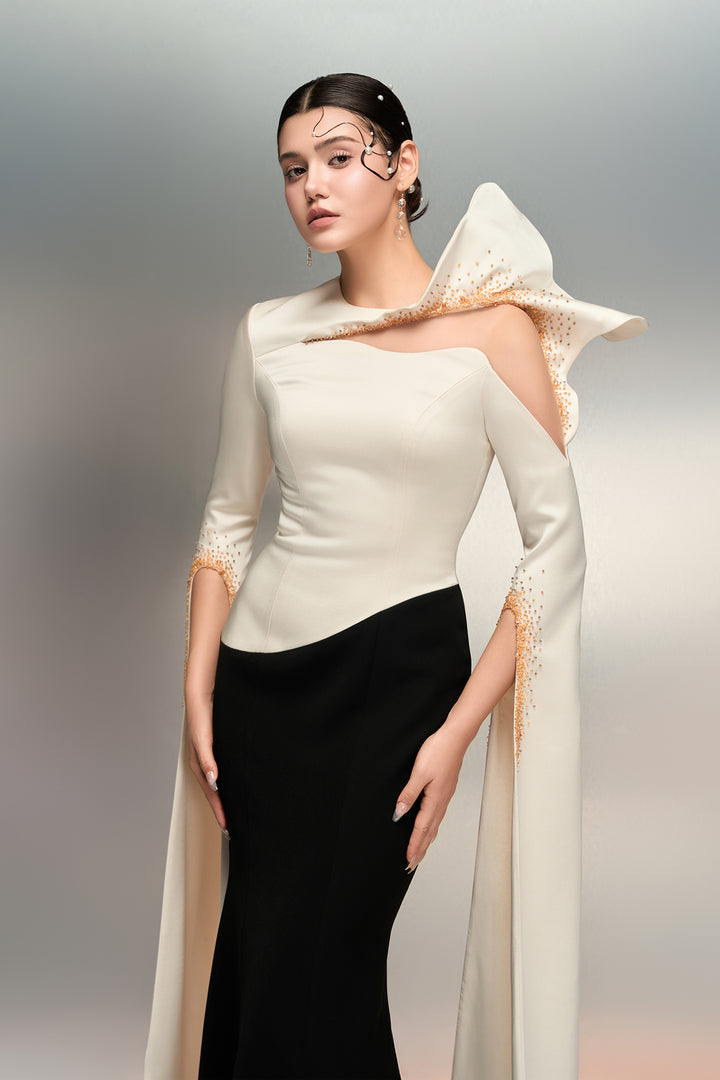 Crystal-Trimmed with Cape Crepe Dress