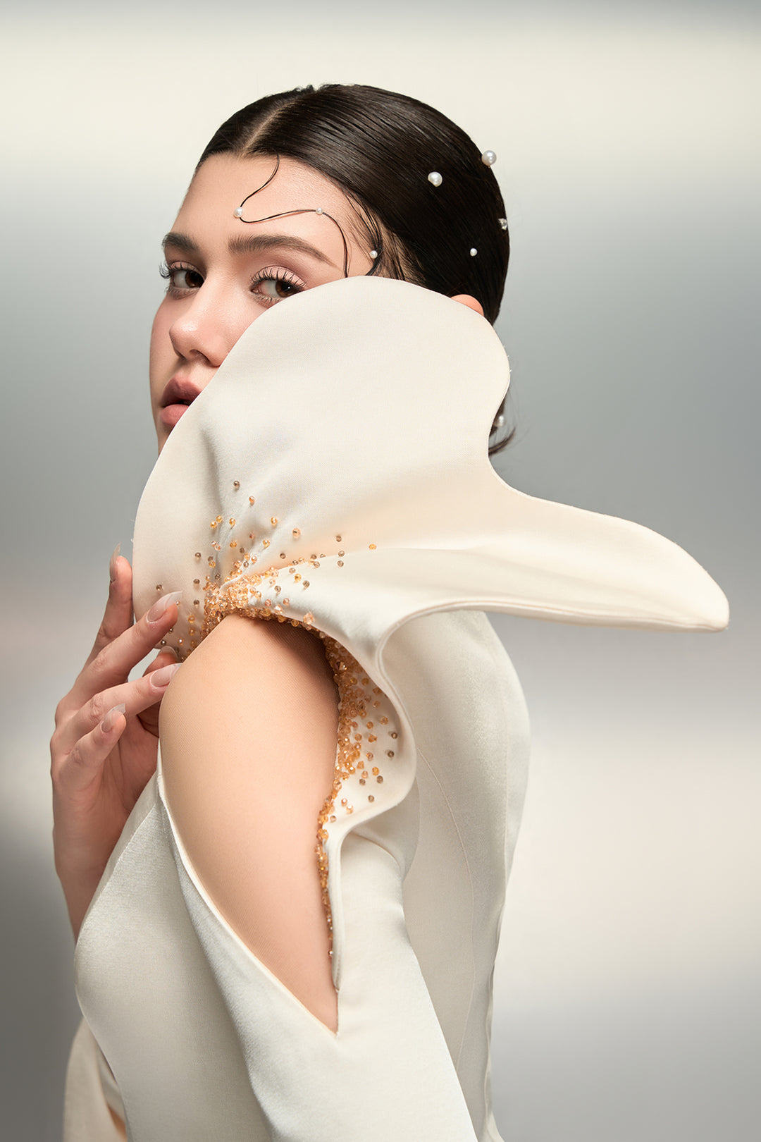 Crystal-Trimmed with Cape Crepe Dress