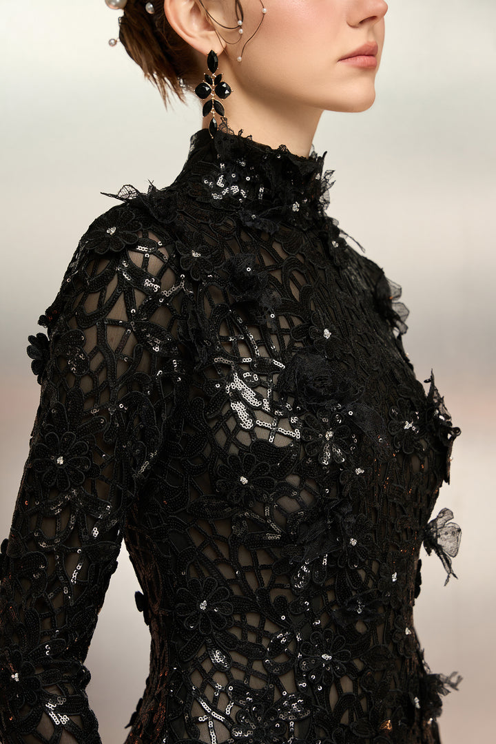 Sheer Sequin Lace Taffeta Dress