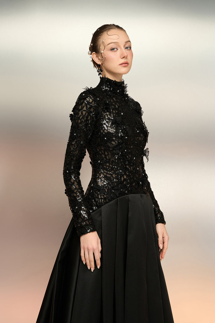 Sheer Sequin Lace Taffeta Dress