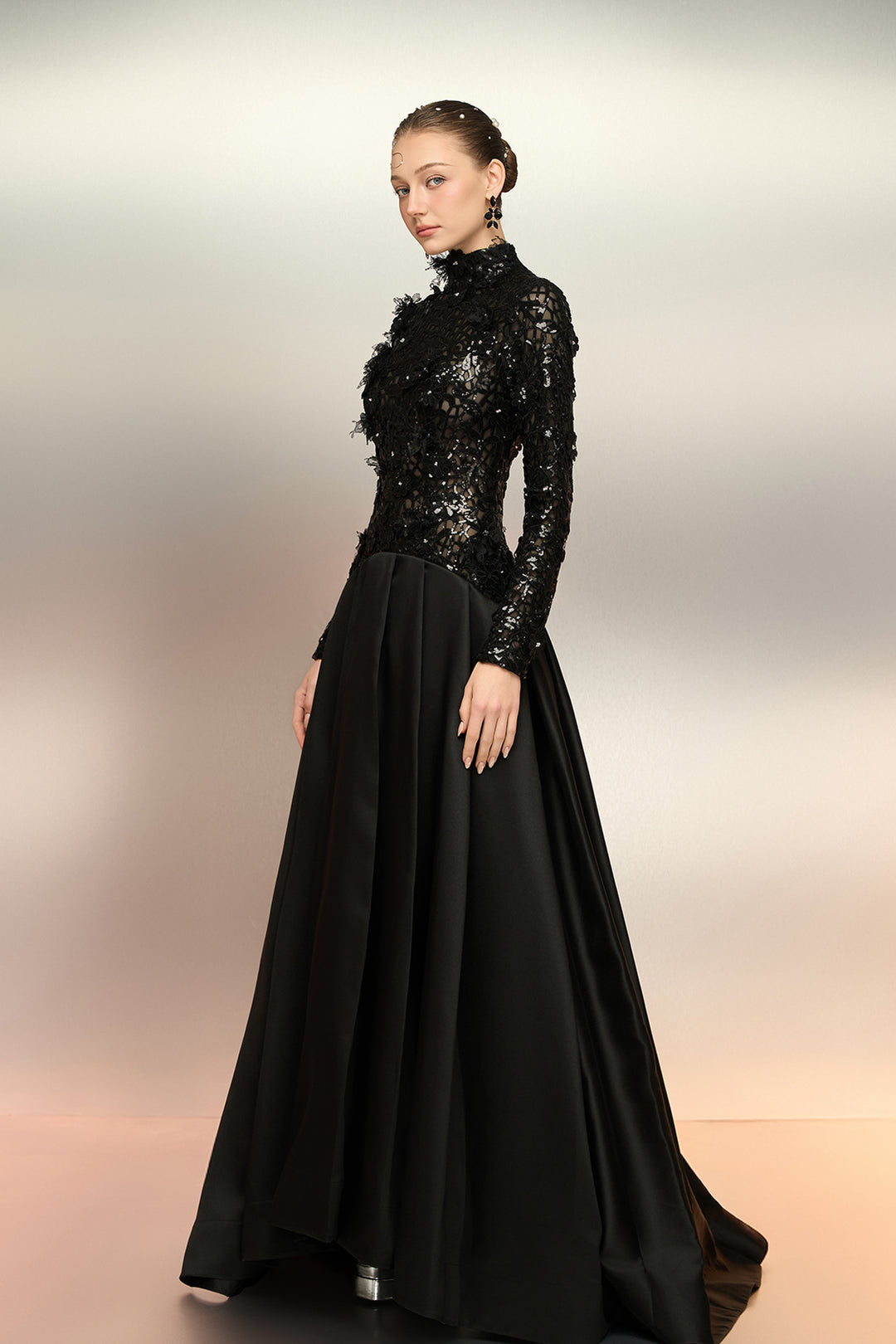 Sheer Sequin Lace Taffeta Dress