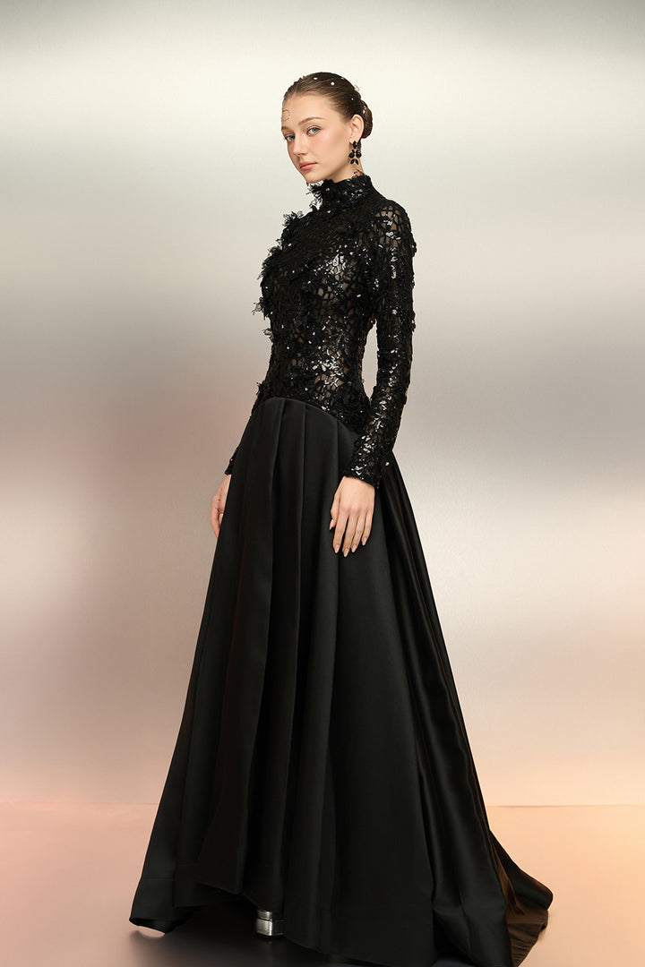 Sheer Sequin Lace Taffeta Dress