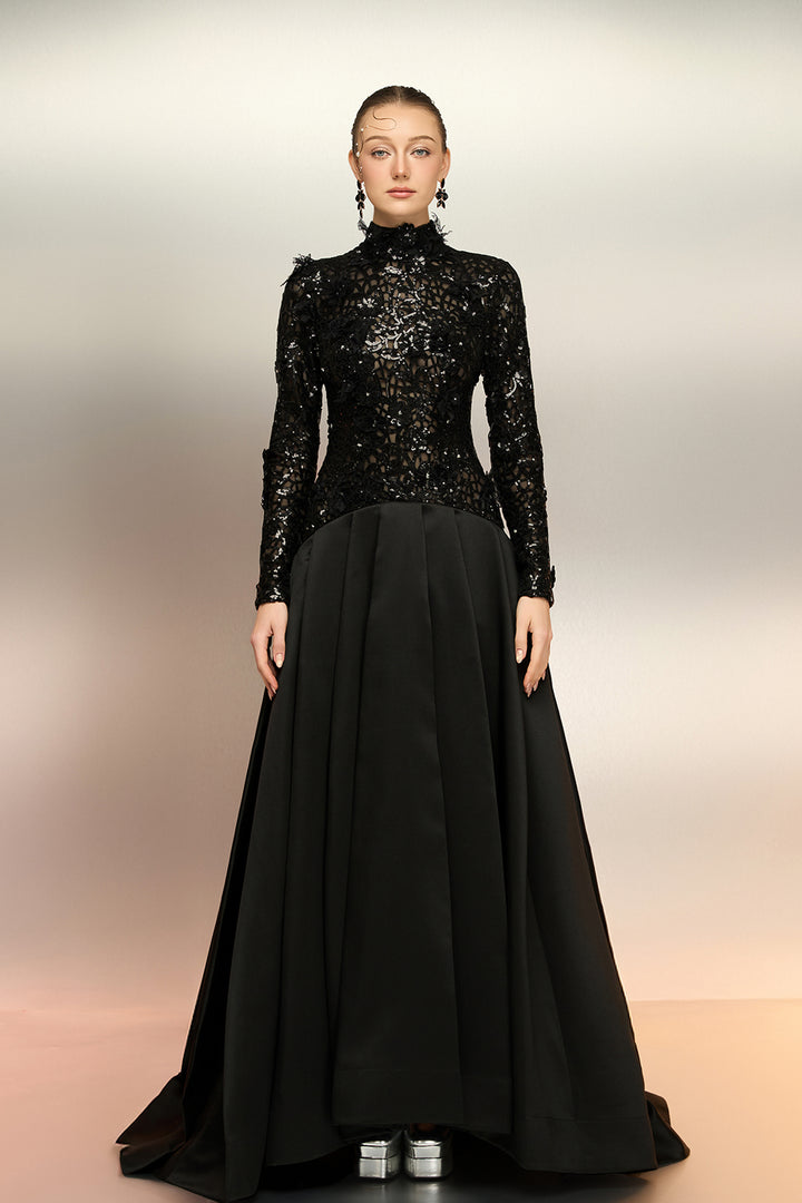 Sheer Sequin Lace Taffeta Dress