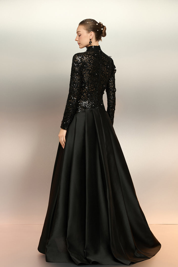 Sheer Sequin Lace Taffeta Dress