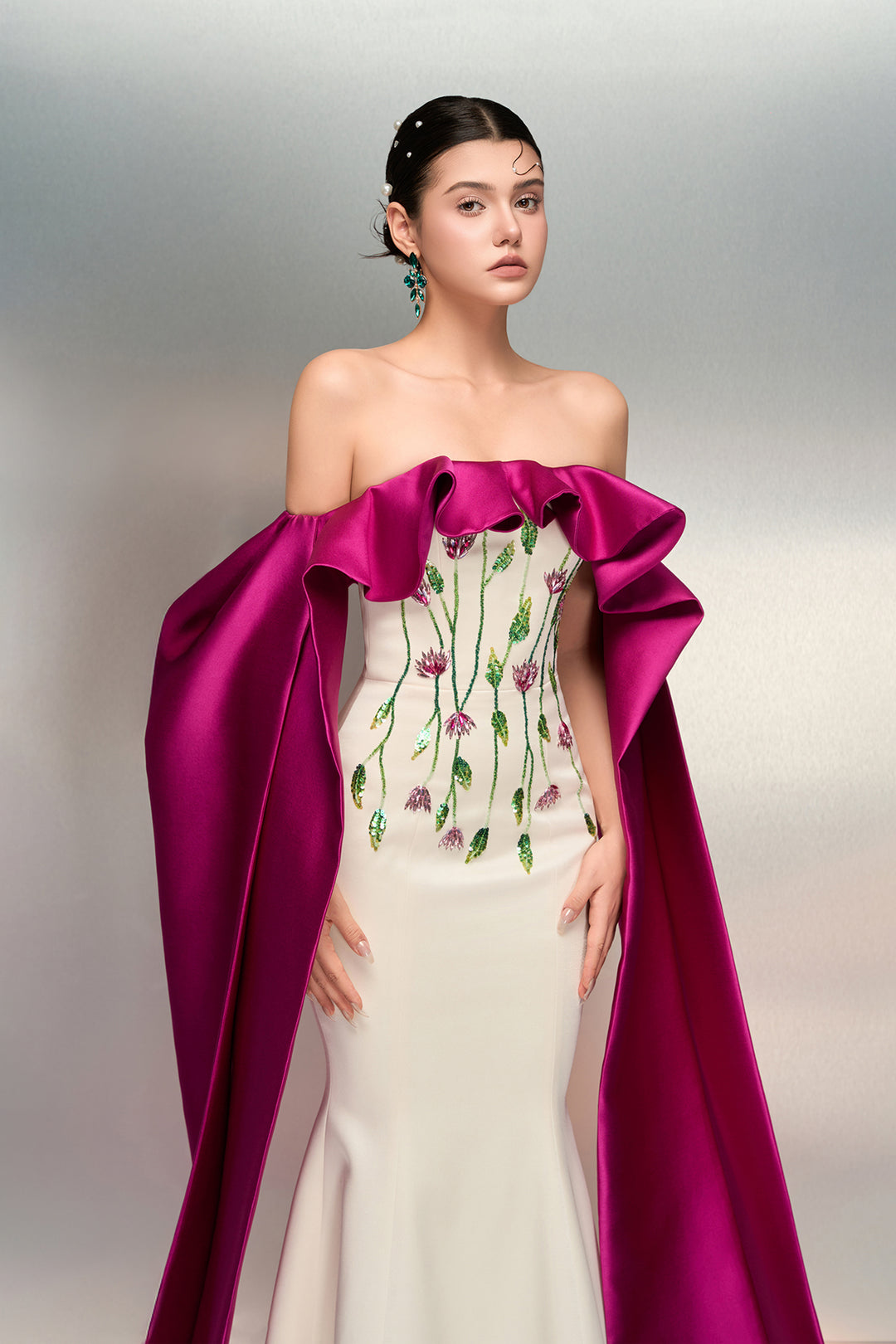 Taffeta Off-The-Shoulder Floral Dress