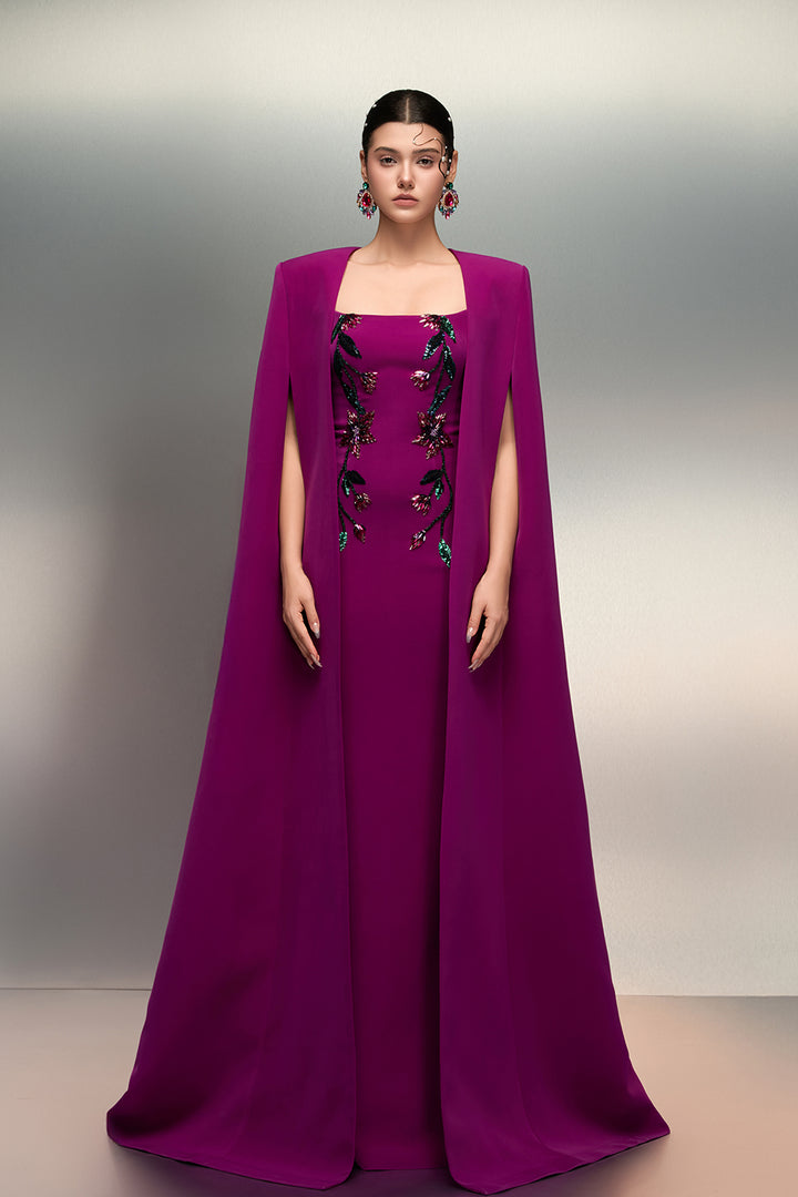 Crepe Long Dress with Crystal Floral Cape