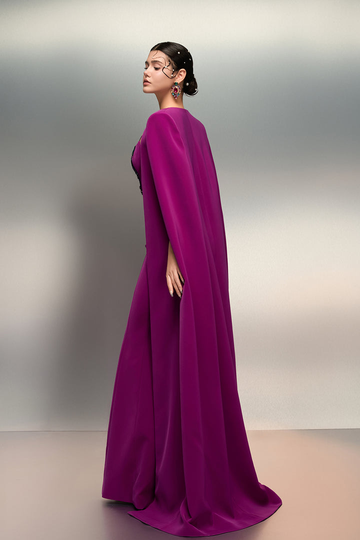 Crepe Long Dress with Crystal Floral Cape