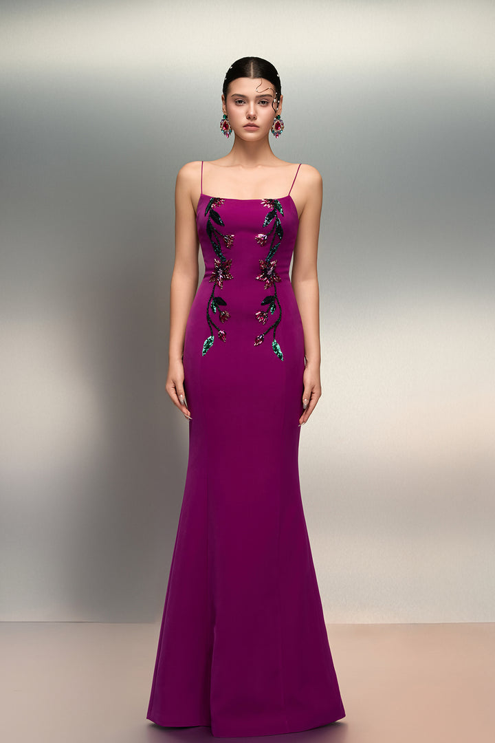 Crepe Long Dress with Crystal Floral Cape