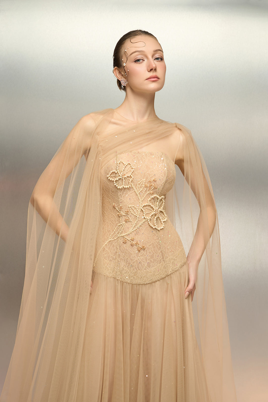 Sculpted Bodice And Cape Overlay Dress