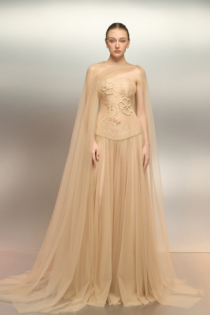 Sculpted Bodice And Cape Overlay Dress