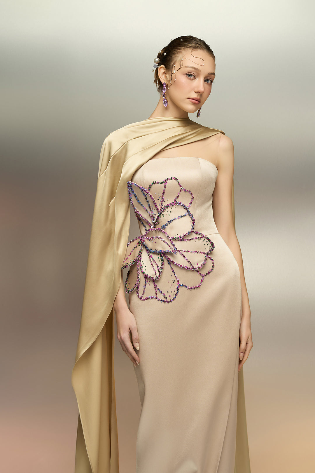 Silk Taffeta Dress with Floral Motif