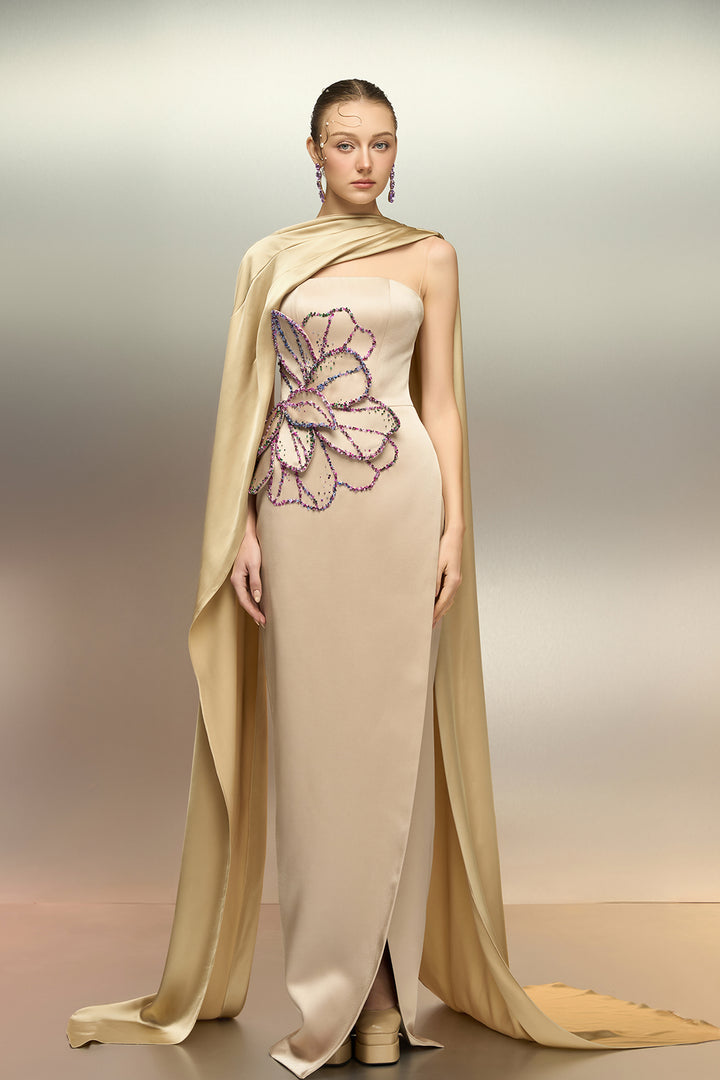 Silk Taffeta Dress with Floral Motif