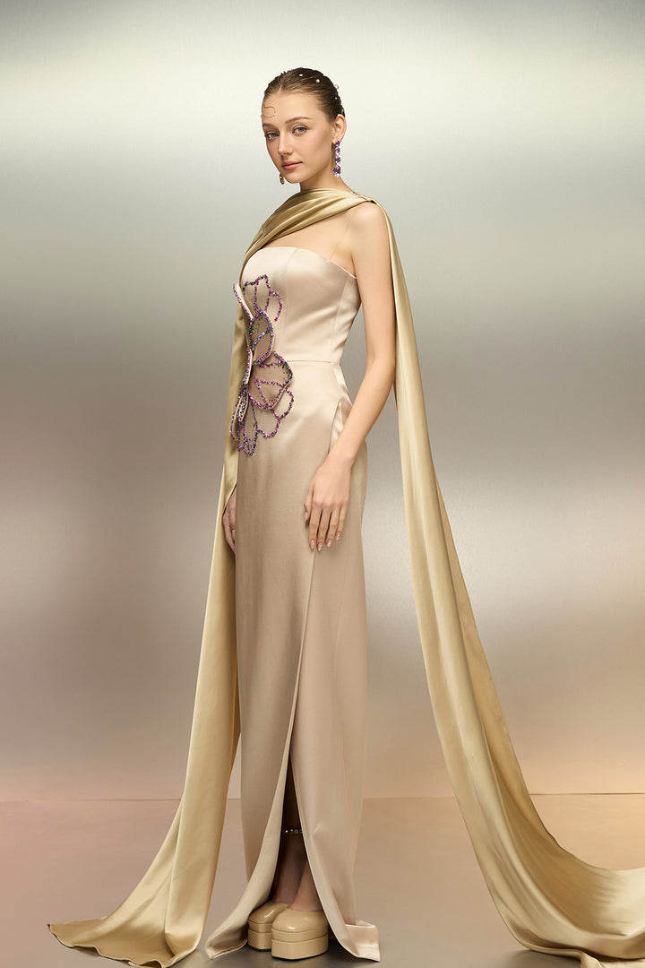 Silk Taffeta Dress with Floral Motif