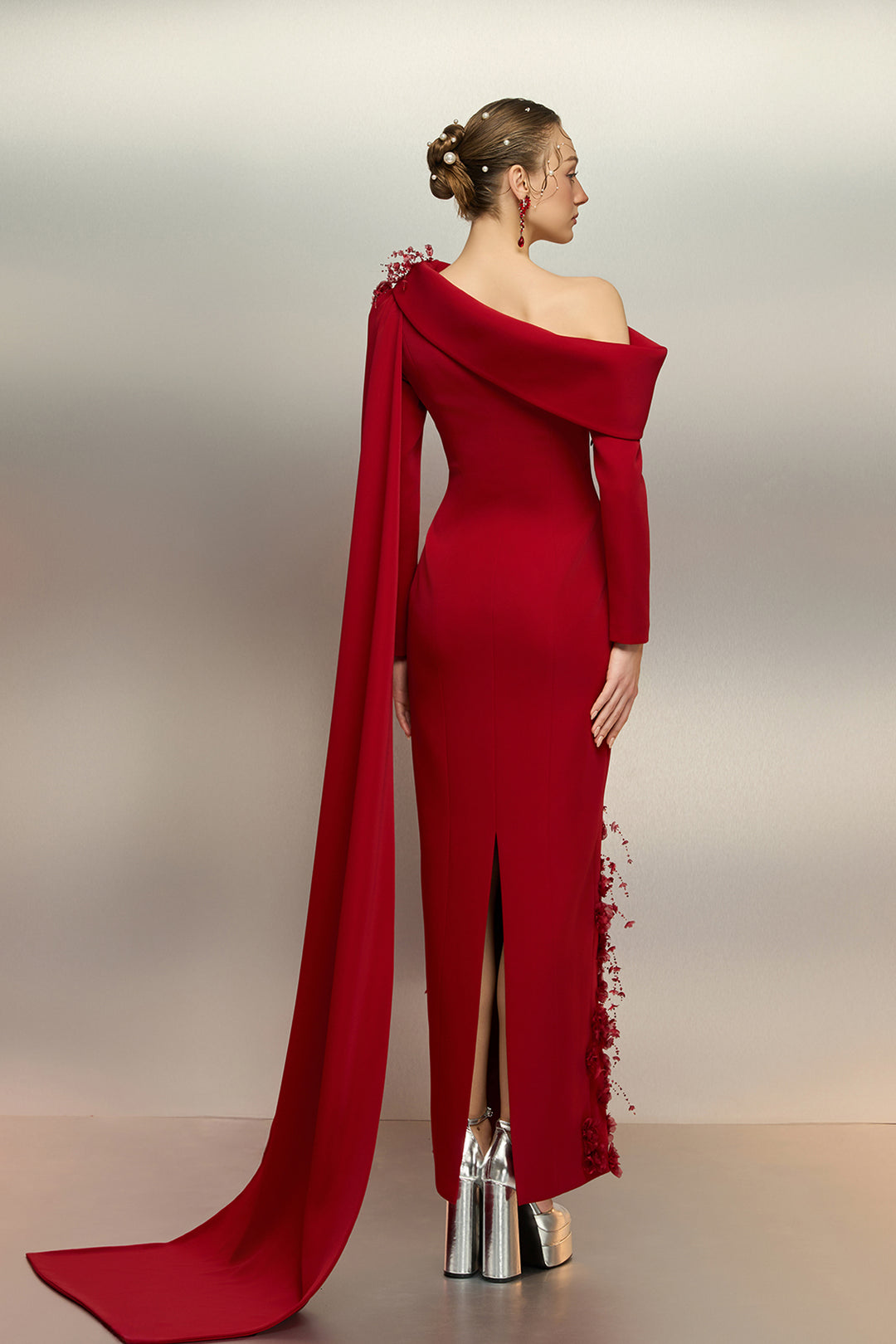 Asymmetric Cape-Back Crepe Midi Dress