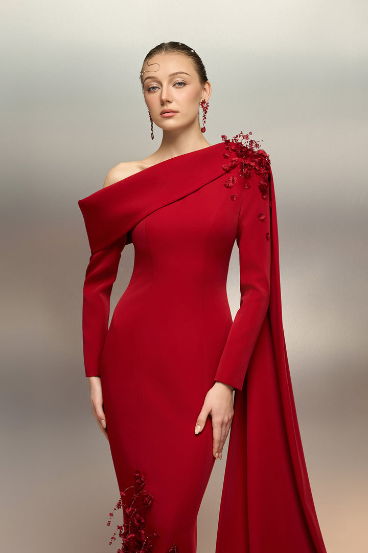 Asymmetric Cape-Back Crepe Midi Dress