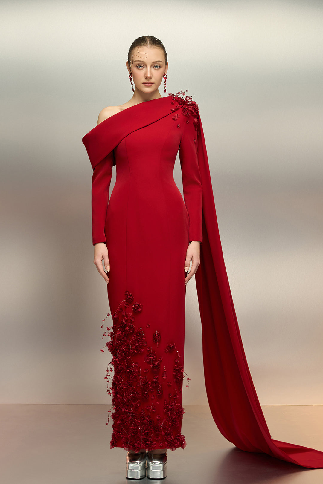 asymmetric cape dress Lunaline | Champagne High-Neck Maxi Dress With Asymmetric Cape And Draped-Detailing