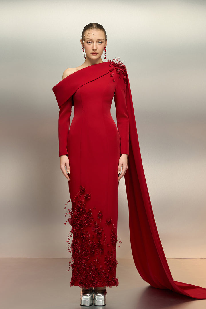 Asymmetric Cape-Back Crepe Midi Dress