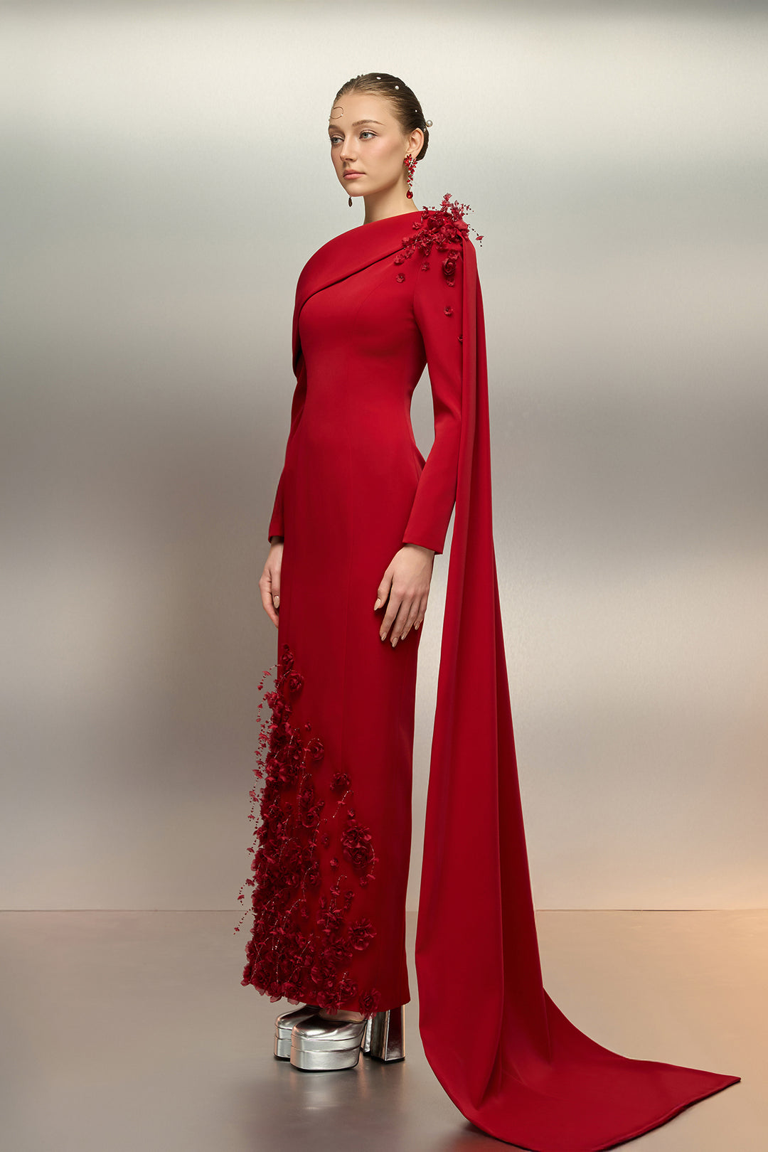 Asymmetric Cape-Back Crepe Midi Dress