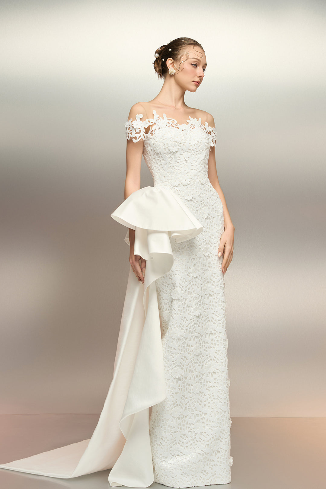 white mermaid off the shoulder dress Nox Anabel JW984 Long Ruffled Off Shoulder Bridal Mermaid Gown White / 12