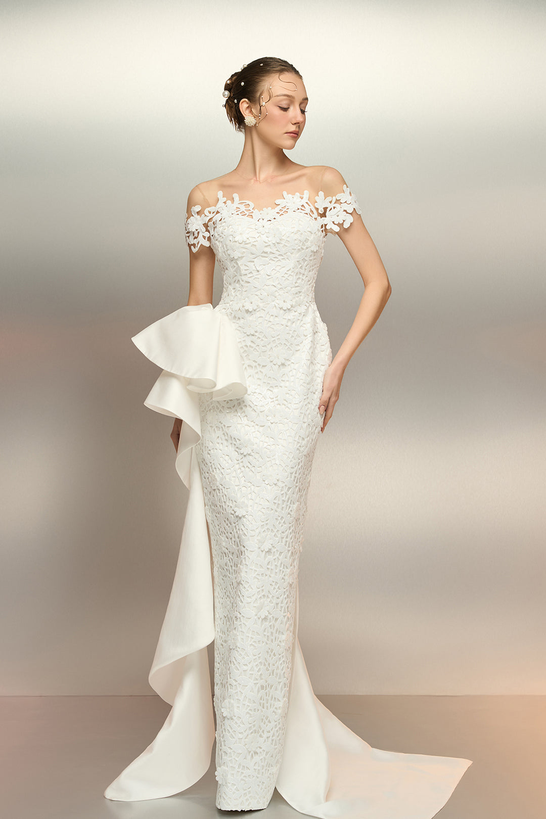 white mermaid off the shoulder dress Azazie Alyce