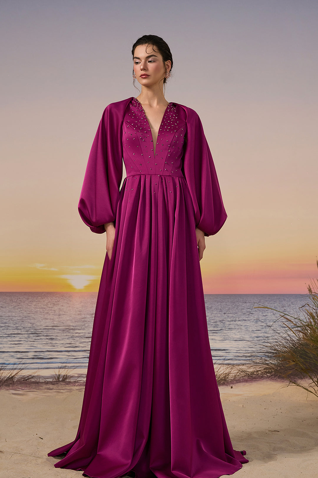 long sleeve crystal a line dress Long Sleeve Crystal Mesh A Line Maxi Dress Burgundy