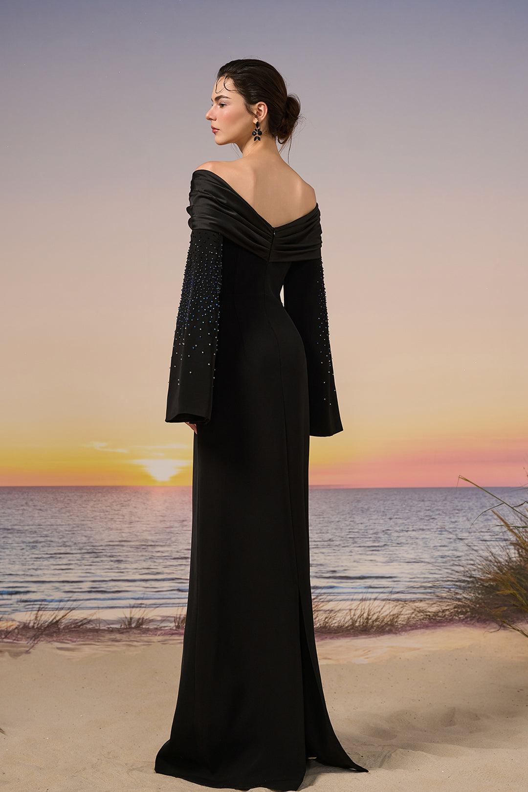 Crepe Long Dress with Crystal-Accented Cape Sleeves M.R DESIGN Crepe Long Dress with Crystal-Accented Cape Sleeves M.R DESIGN