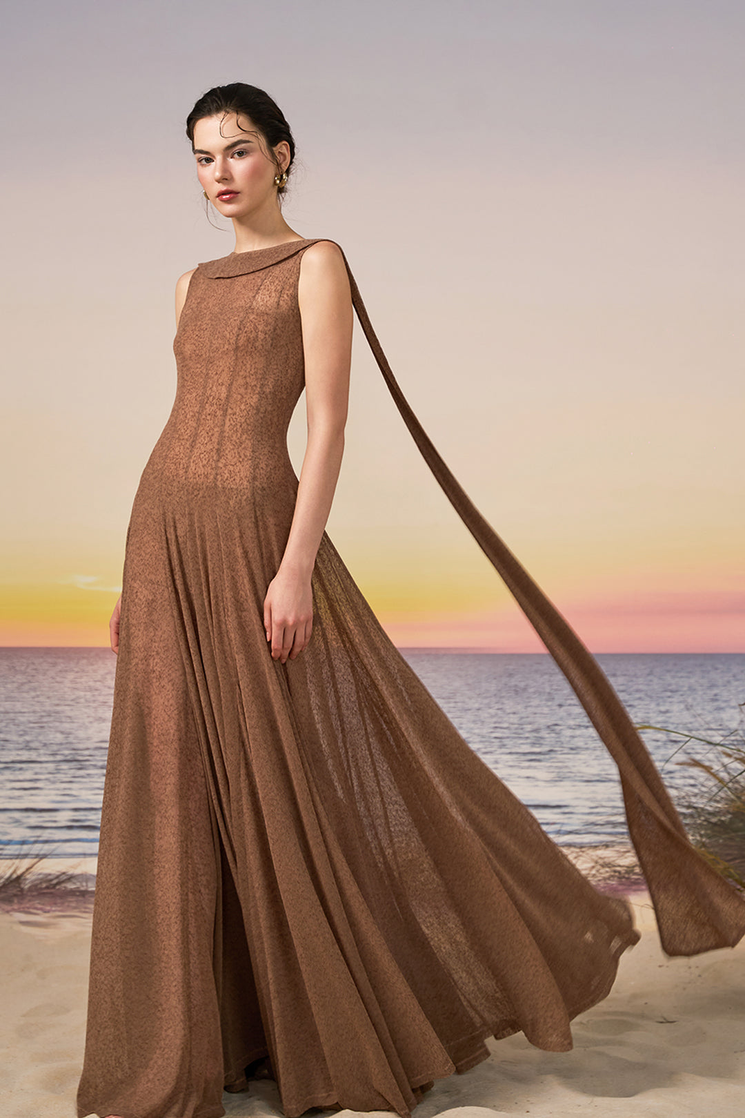 Tulle A-line Dress with Boat Neckline Brown / US 6 Tulle A-line Dress with Boat Neckline Brown / US 6