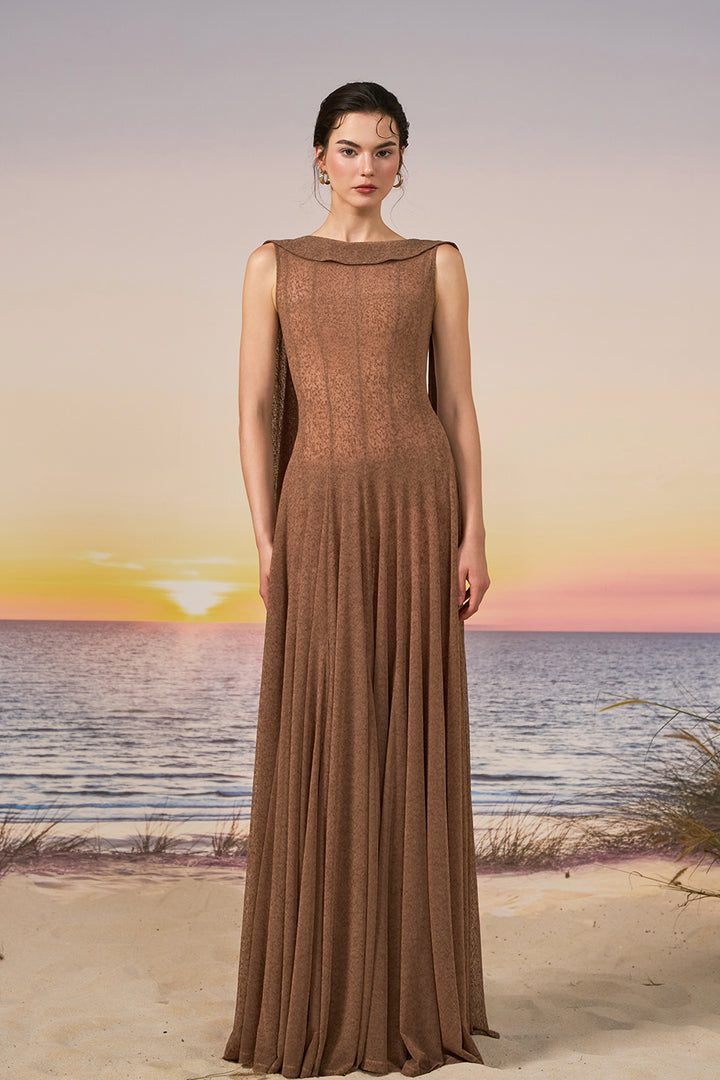 Tulle A-line Dress with Boat Neckline Brown / US 6 Tulle A-line Dress with Boat Neckline Brown / US 6