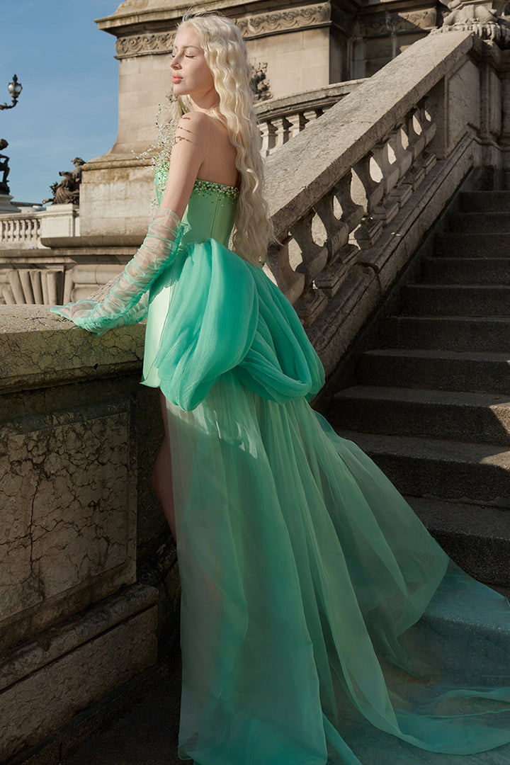 Sculpted Taffeta Dress with Crystal-Pearl Bodice