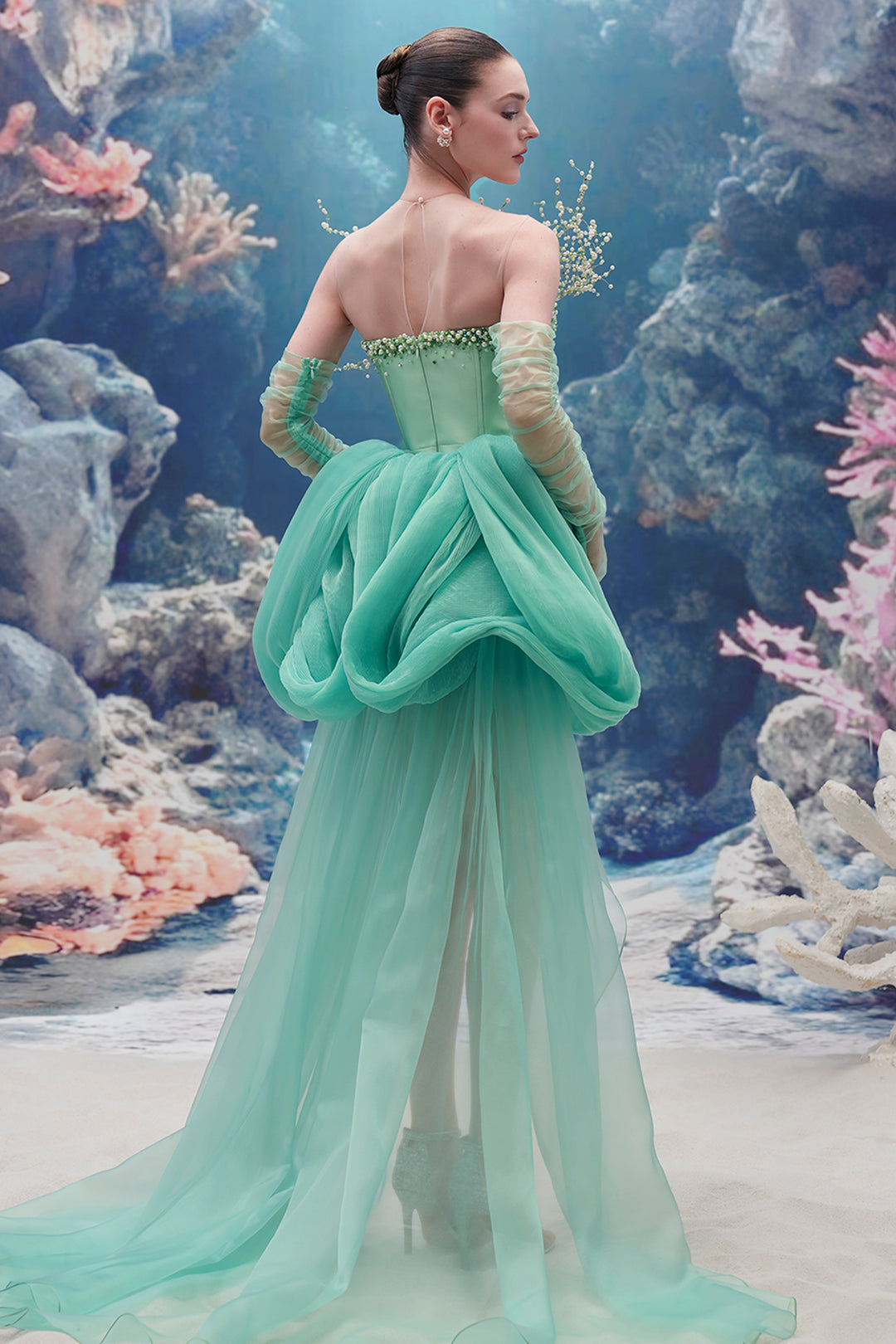 Sculpted Taffeta Dress with Crystal-Pearl Bodice