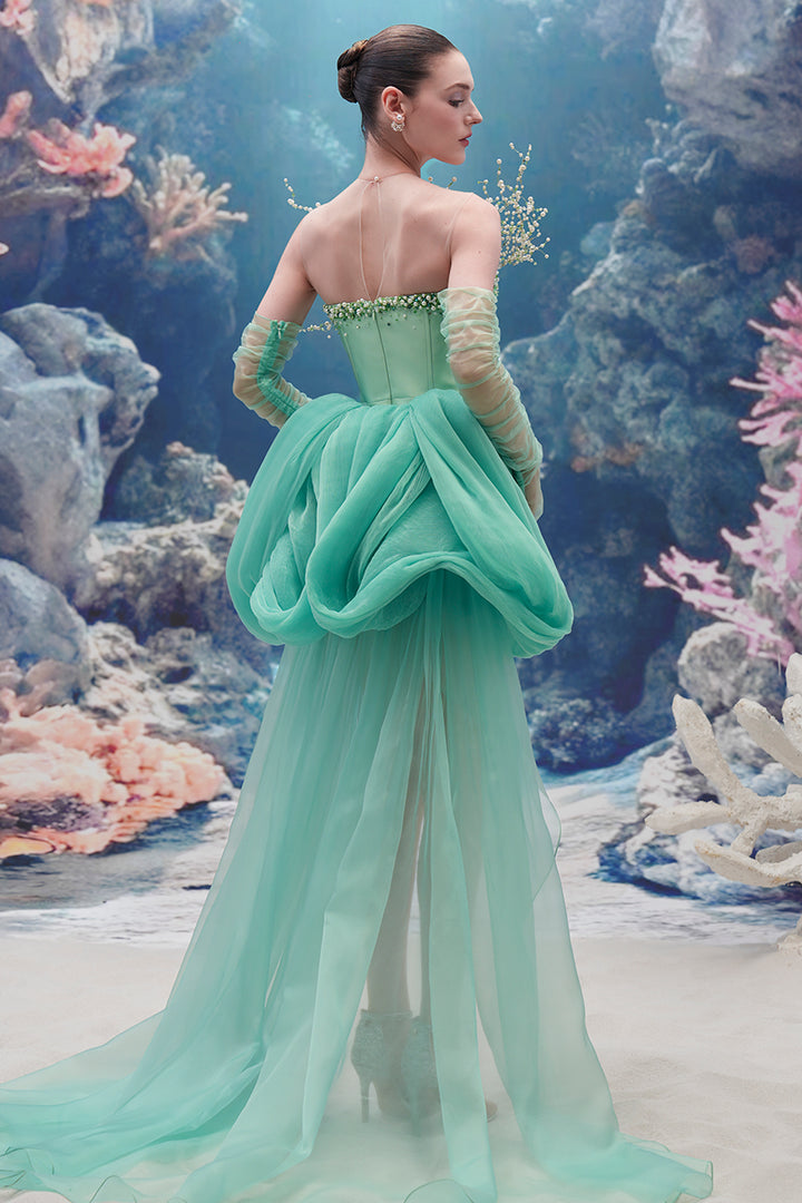 Sculpted Taffeta Dress with Crystal-Pearl Bodice