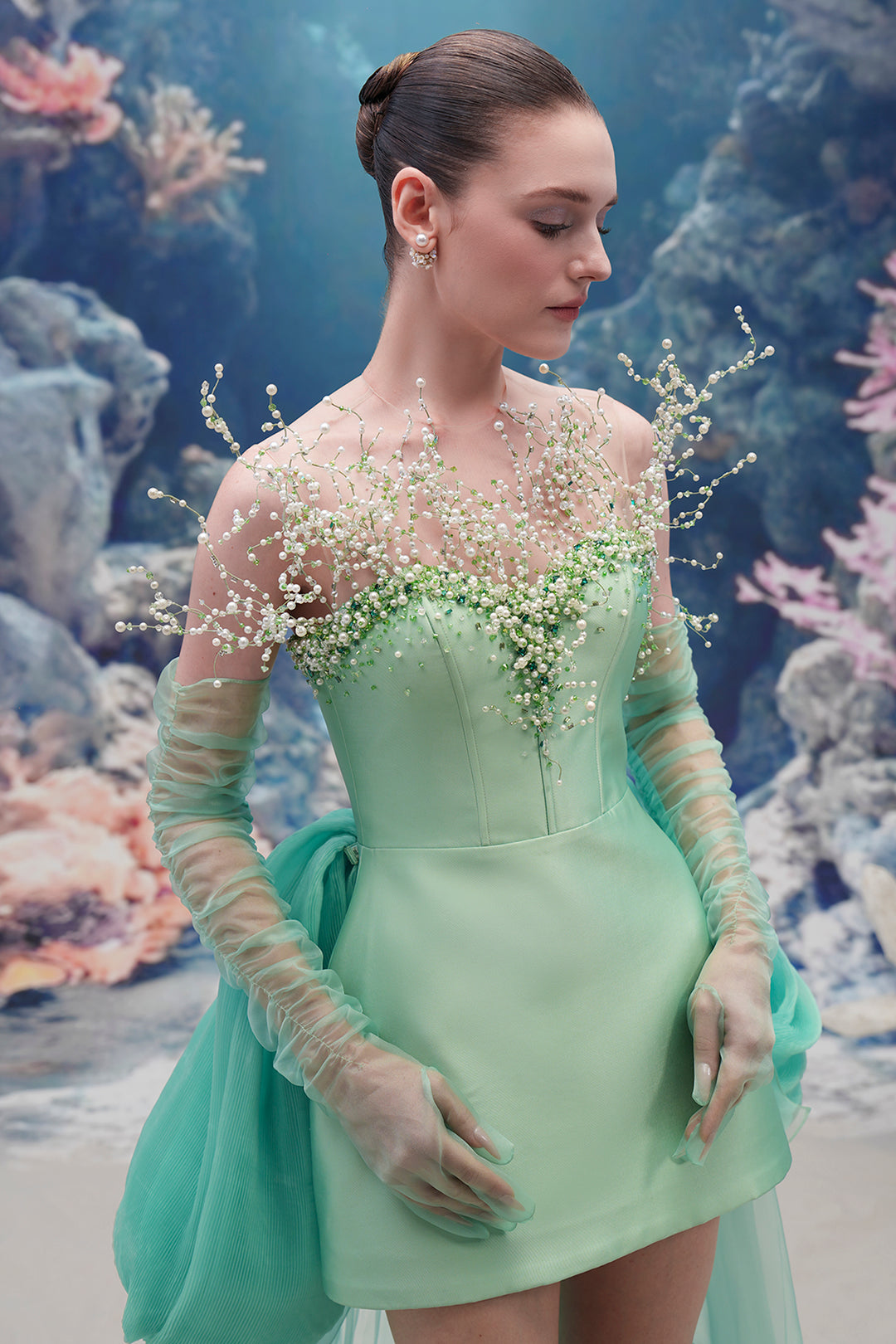 Sculpted Taffeta Dress with Crystal-Pearl Bodice