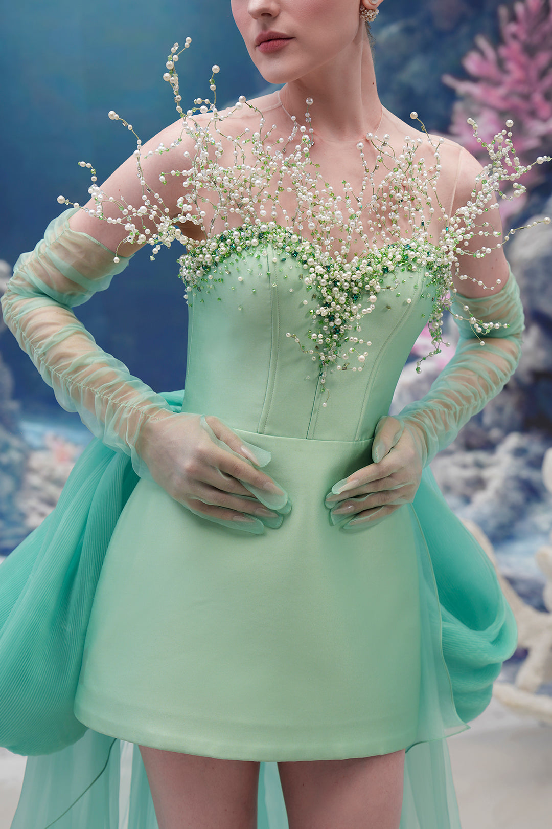 Sculpted Taffeta Dress with Crystal-Pearl Bodice