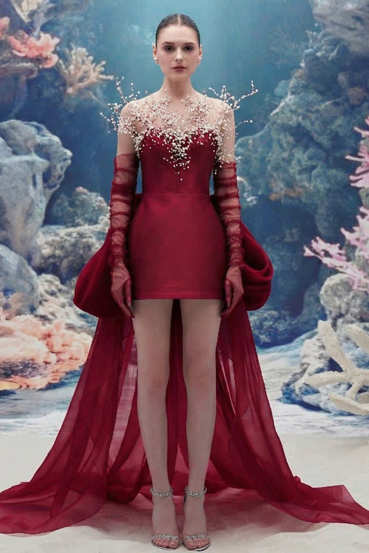Sculpted Taffeta Dress with Crystal-Pearl Bodice