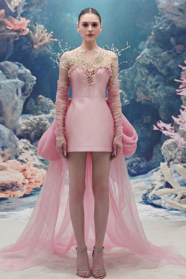 Sculpted Taffeta Dress with Crystal-Pearl Bodice