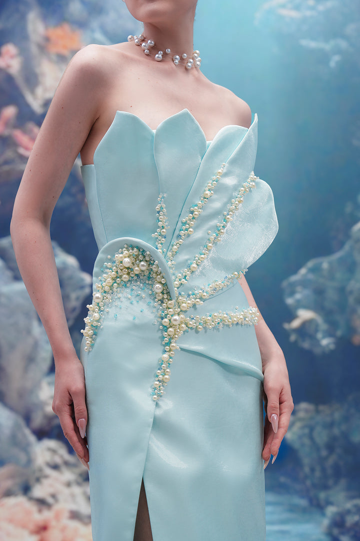 Crystal Halter Corset Glitter Tulle Dress with Feathered Gloves