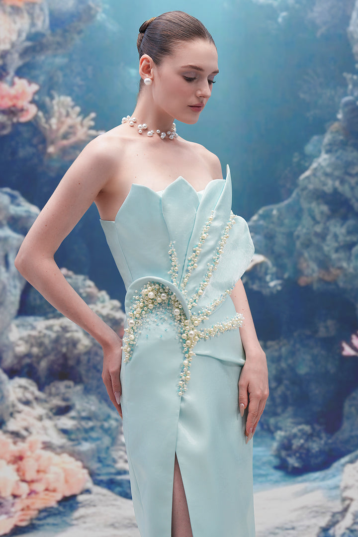 Crystal Halter Corset Glitter Tulle Dress with Feathered Gloves