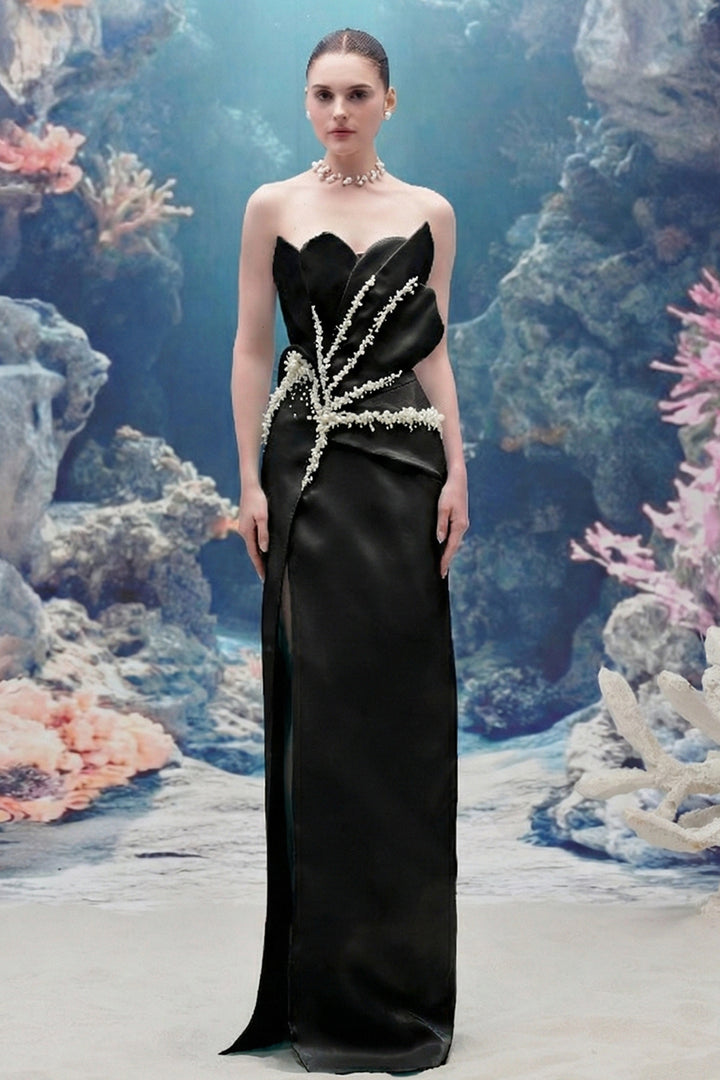 Crystal Halter Corset Glitter Tulle Dress with Feathered Gloves