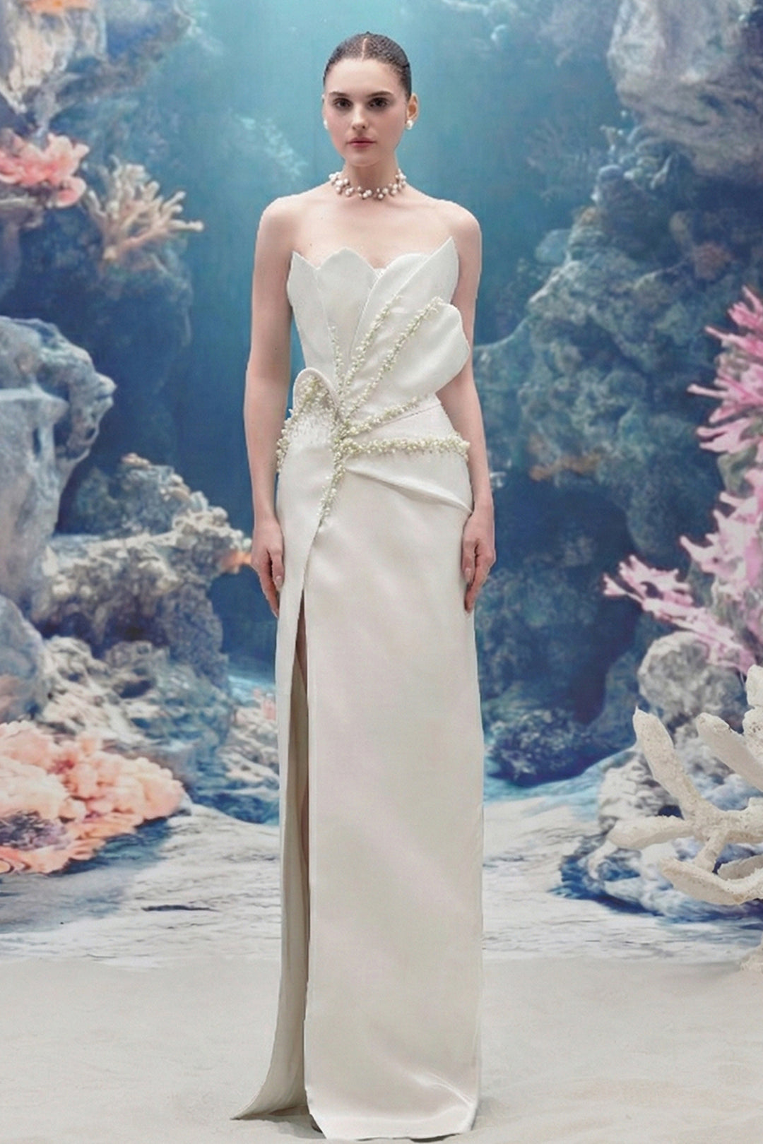 Crystal Halter Corset Glitter Tulle Dress with Feathered Gloves