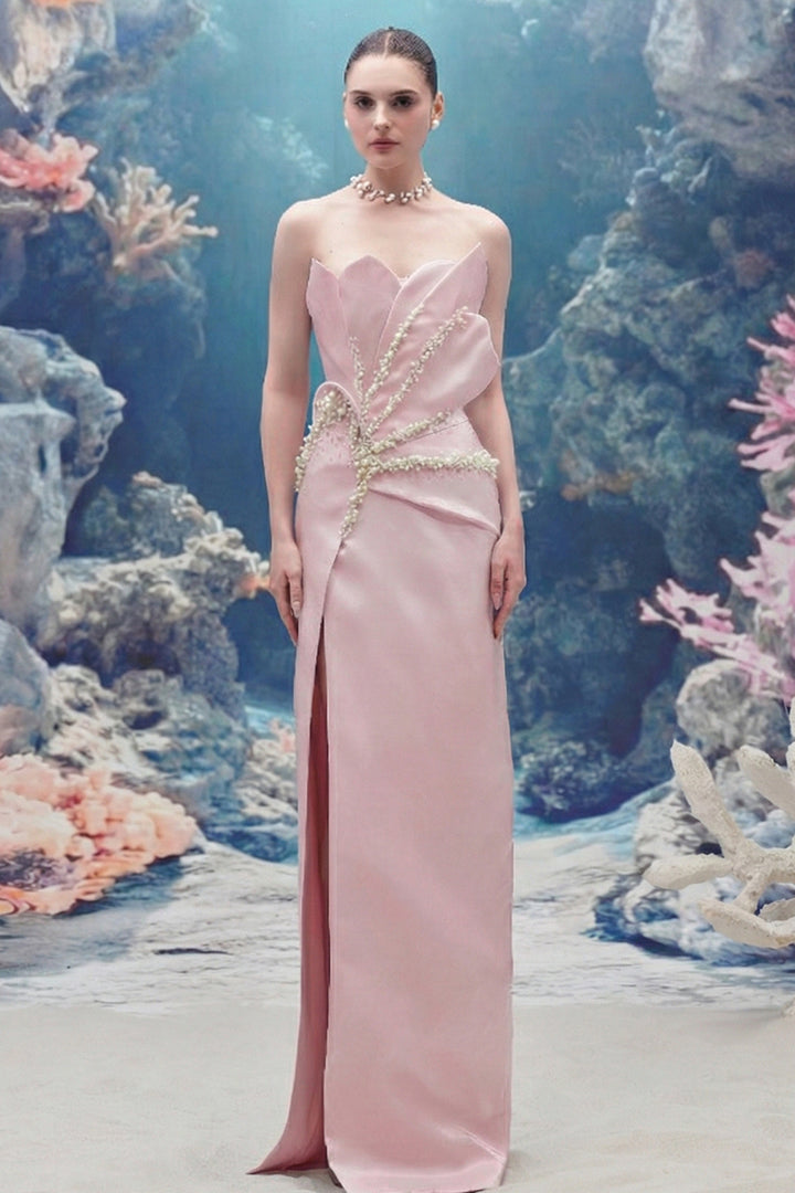 Crystal Halter Corset Glitter Tulle Dress with Feathered Gloves