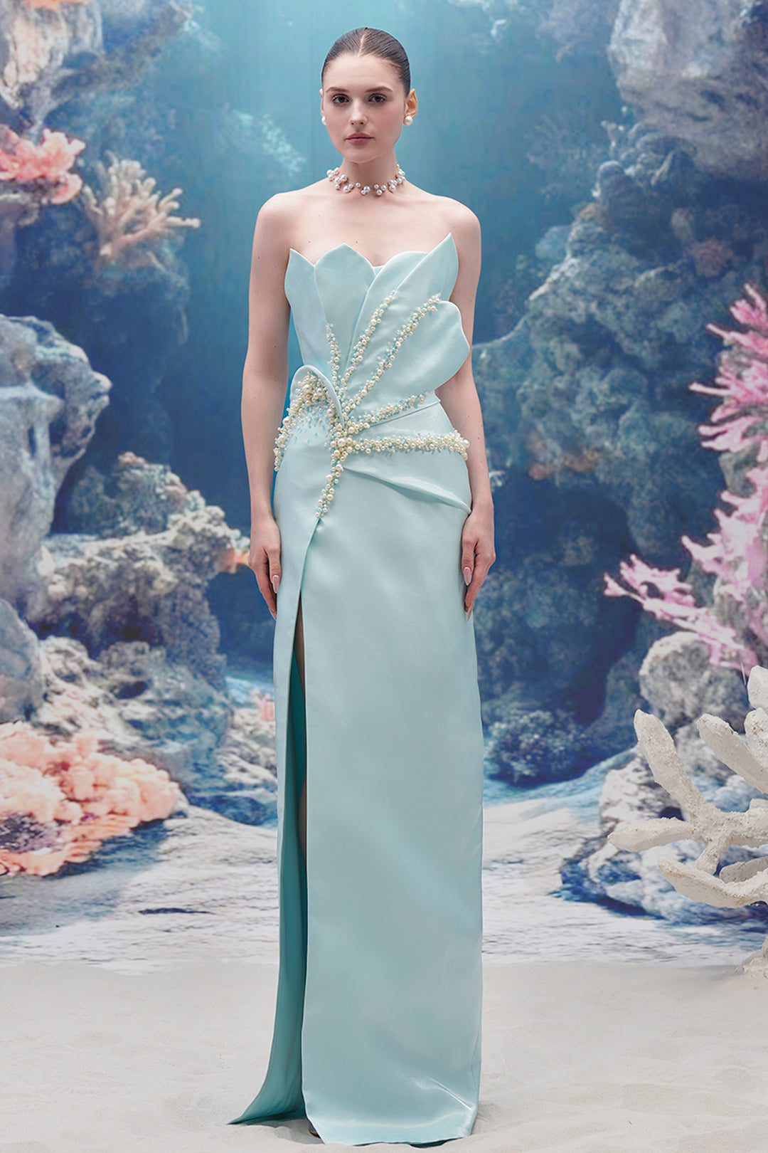 Crystal Halter Corset Glitter Tulle Dress with Feathered Gloves