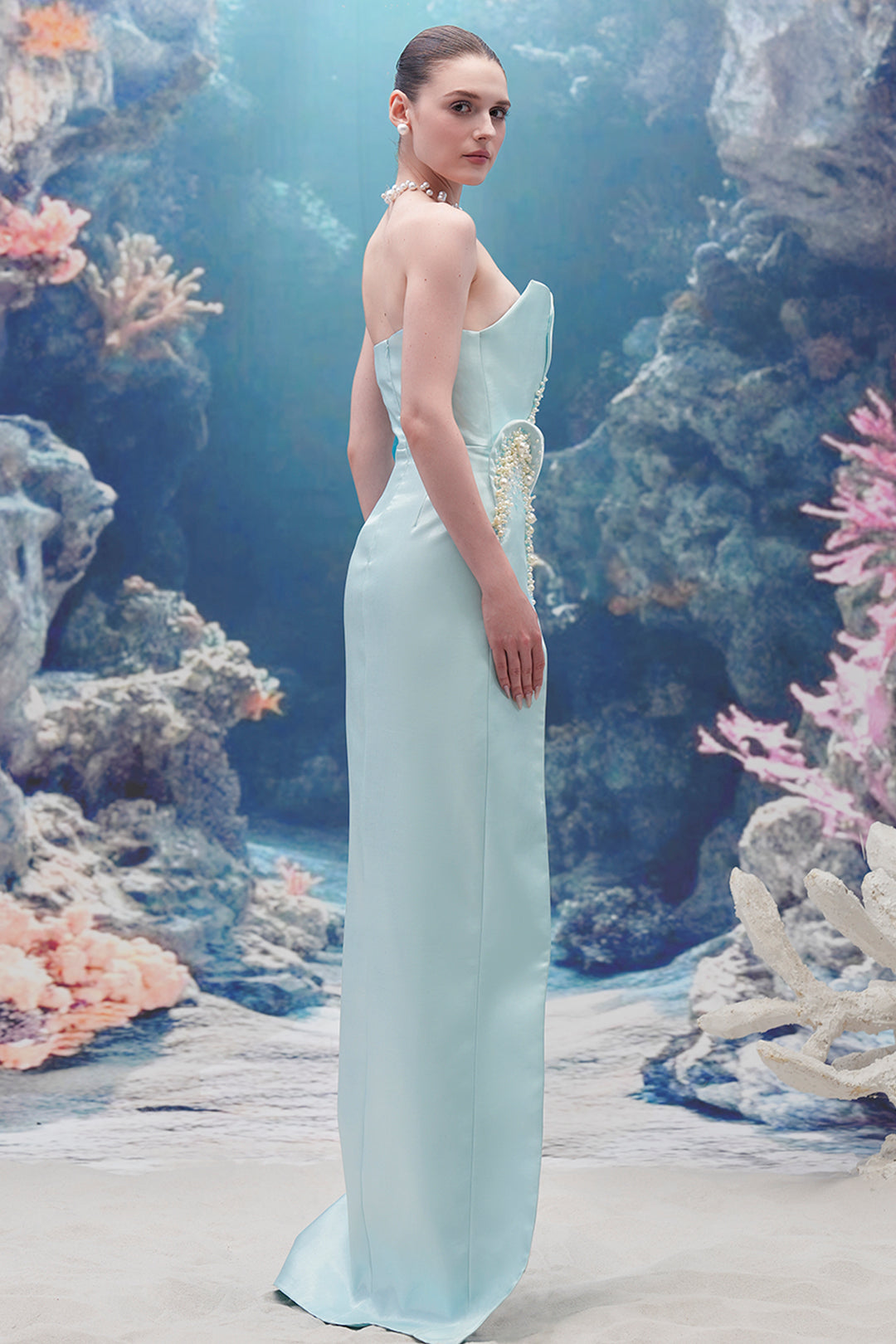 Crystal Halter Corset Glitter Tulle Dress with Feathered Gloves