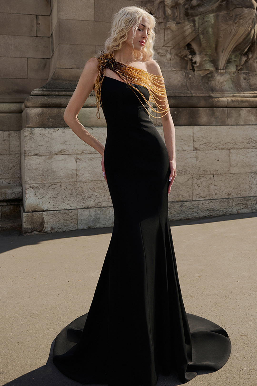 Crepe Mermaid Dress with Cascading Crystals