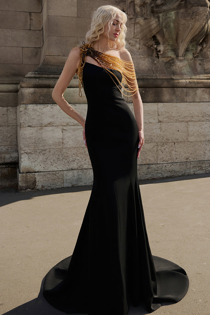 Crepe Mermaid Dress with Cascading Crystals